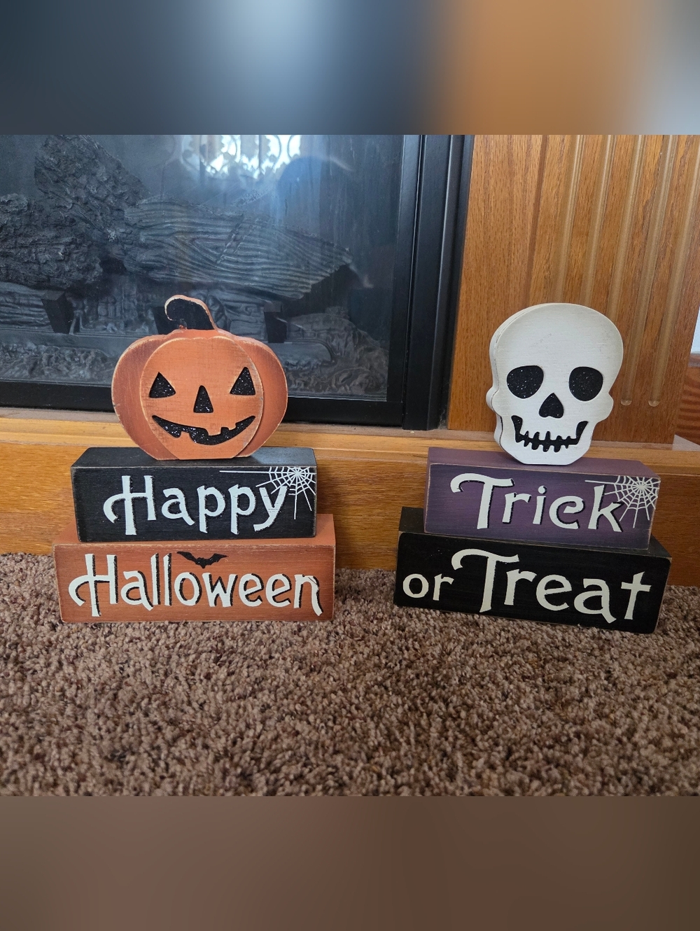 "Happy Halloween" & "Trick or Treat" Swivel Block Decor Signs, Pumpkin & Skull